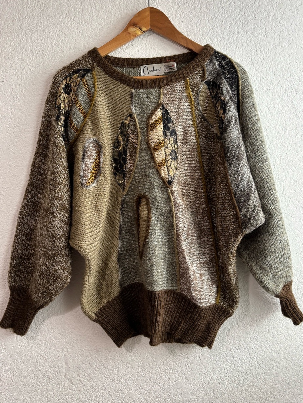 Vtg Carducci Leaf Multicolor Patchwork Knit Sweater Neutrals M